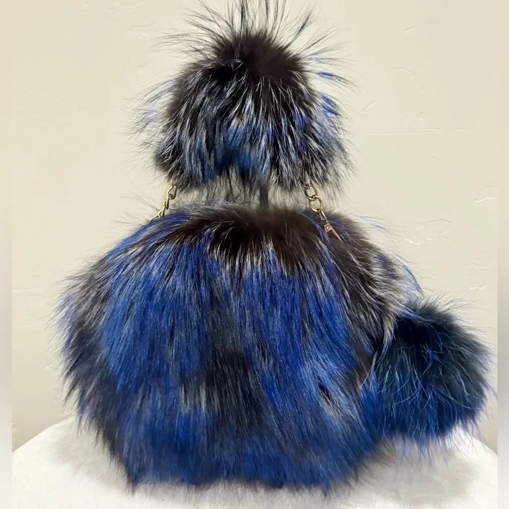 Stunning Premium Finn Raccoon Fur Handmade Multi Use Bag & Real Fur Pompom Charm